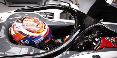 The Halo device on the cockpit of Romain Grosjean's Haas VF-16.