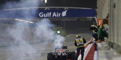 Daniel Ricciardo's race car comes to a halt after losing an engine as it crossed the finish line in Bahrain in April.