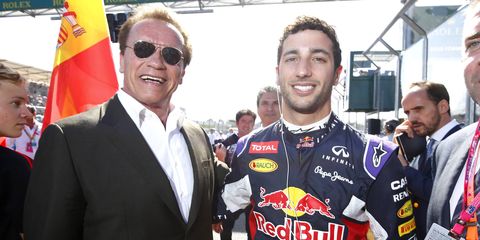 Red Bull Racing driver Daniel Ricciardo might want to consider the help of Arnold Schwarzenegger, left, to bridge the power gap with Mercedes.
