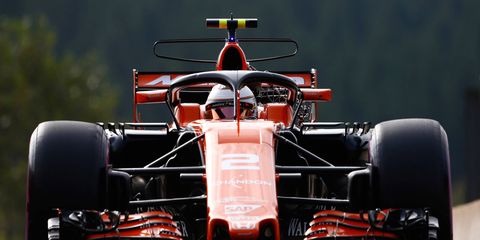 Stoffel Vandoorne peers through a 'Halo' prototype during a test session in August.