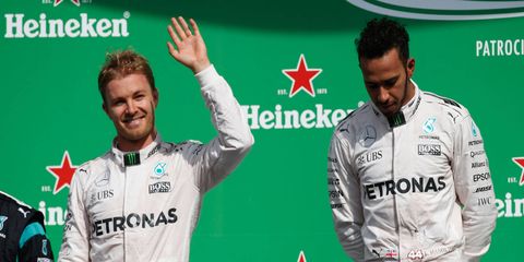 Nico Rosberg, left, can earn his first F1 championship with a win in Brazil on Sunday. A victory would eliminate three-time champion Lewis Hamilton, right.