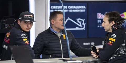 Jos Verstappen (center) will now look to develop junior drivers for Red Bull Racing in the same spirit as his son, Max.