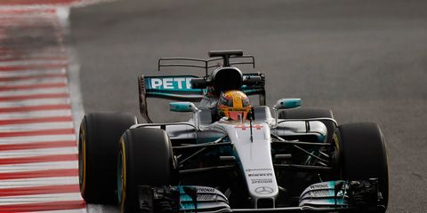 The Mercedes F1 car of Lewis Hamilton sports the controversial T-wing.