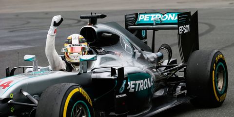 Lewis Hamilton celebrates his 54th career Formula One victory on Sunday.
