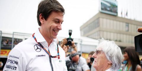 Mercedes F1 boss Toto Wolff, left, and series boss Bernie Ecclestone do not see eye to eye on client engines for 2017.