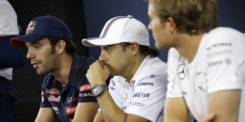 Daniel Ricciardo speaks while addressing the press on Thursday in Brazil.