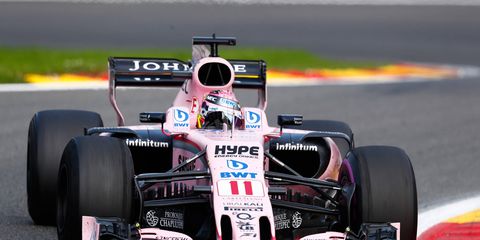 Sergio Perez did not finish the F1 Belgian Grand Prix on Sunday after contact with teammate Esteban Ocon.