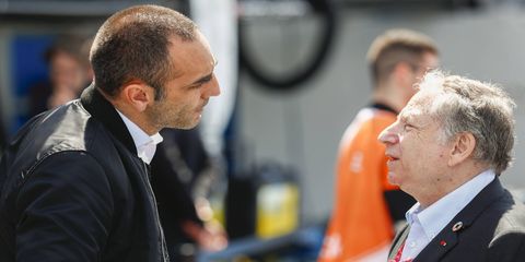Renault F1 managing director Cyril Abiteboul speaks to FIA president Jean Todt during the Paris ePrix in France.