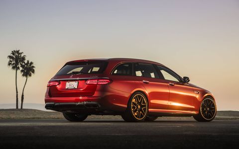 The 2018 Mercedes-AMG E63 wagon has a 4.0-liter biturbo V8 making 603 hp and 627 lb-ft of torque.