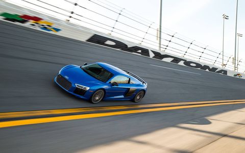 The 2017 R8 V10 starts with 540 hp and a top speed of 199 mph; the V10 plus tops out at 610 hp and 205 mph.