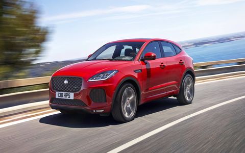 The Jaguar E-Pace is available with two four-cylinder engines, one making 246 hp and the other making 296 hp.