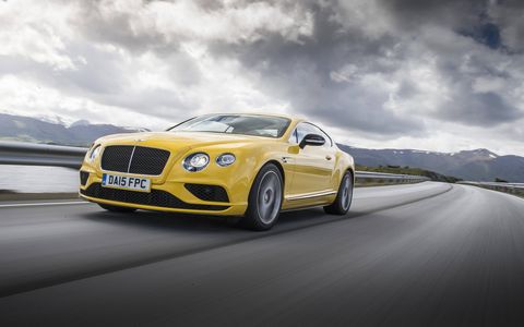 A vibrant yellow hue highlights the 2016 Bentley Continental GT V8S against a Norwegian backdrop.