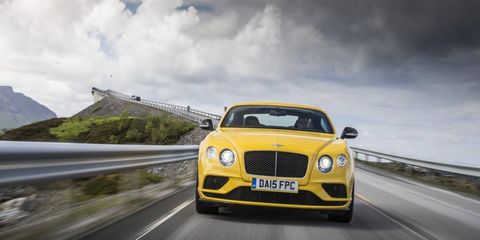A vibrant yellow hue highlights the 2016 Bentley Continental GT V8S against a Norwegian backdrop.