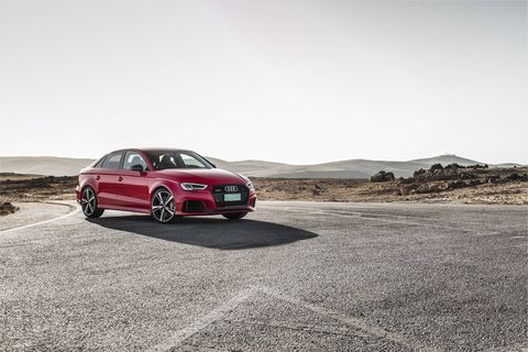 Packing a 400-hp five-cylinder engine, the RS3 is the hottest version of Audi's A3 sedan.