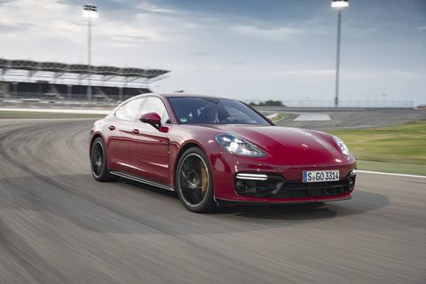 The 2019 Porsche Panamera GTS pops in red, especially when under the lights at the Bahrain International Circuit