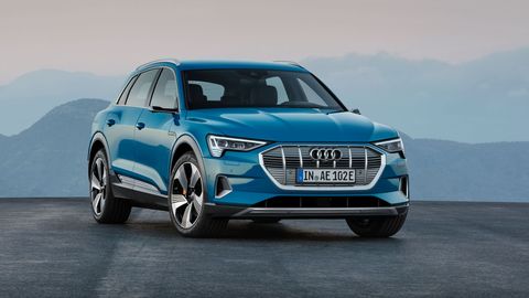 The 2019 Audi e-tron gets a 95-kWh battery and two motors, one at each axle. Range is stated to be 248 miles on one charge.