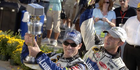 Crew chief Chad Knaus, right, celebrates a Jimmie Johnson victory at Indianapolis in 2006.