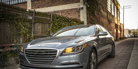 The 2015 Hyundai Genesis 3.8 sedan standard features include nine airbags, a rearview camera, acoustic laminated glass and Blue Link.