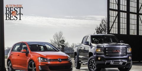 The 2015 Volkswagen Golf GTI wins the Autoweek Best of the Best/Car award; the 2015 GMC Canyon is awarded Autoweek Best of the Best/Truck.