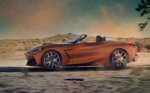 The BMW Z4 Concept debuting at the Pebble Beach Concours features a low-slung, stretched body and a compact rear end.