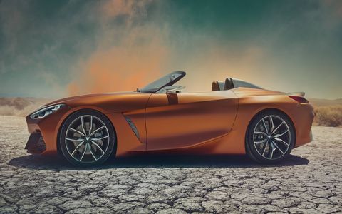 The BMW Z4 Concept debuting at the Pebble Beach Concours features a low-slung, stretched body and a compact rear end.