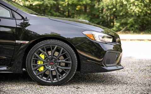 The 2018 Subaru WRX STI has a 2.5-liter turbocharged boxer engine producing 305 hp and 290 lb-ft of torque.