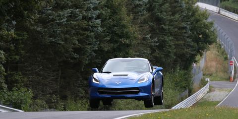 A Corvette Sting Ray goes airborne while testing at the Nürburgring.