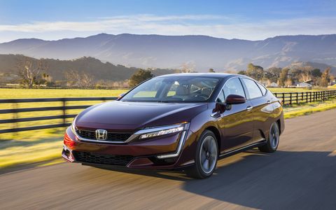The Clarity is Honda's new hydrogen fuel cell vehicle, with an EPA driving range of 366 miles from an ultra-efficient fuel cell stack, 68 MPGe combined and seating for five. You can't buy it, it's lease-only, and you can only get it at 12 dealers, all of them in CARB-controlled California.
