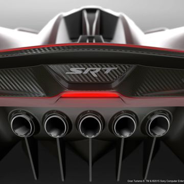 The SRT Tomahawk Vision Gran Turismo concept is powered by an exotic V10/pneumatic drive hybrid powertrain and it can top 400 mph. It also only exists digitally -- the radical one-seater was created for the Gran Turismo 6 driving simulation video game.