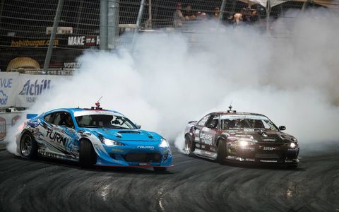 Dai Yoshihara, left, was impeccable all weekend until steering troubles put him into the wall. Matt Field, right, won the event, his second win in Formula D.