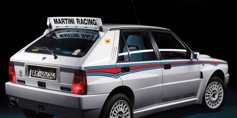 The Delta Integrale in Martini livery, a special edition from 1992, is one of the more recent classics that'll be powersliding across the block in Paris this week.