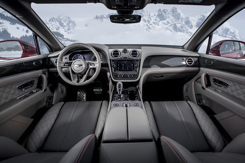 The Bentley Bentayga V8 may give up 4 cylinders to its W12-powered sibling, but it's all Bentley inside with quilted leather, wood (and new gloss carbon fiber) veneers and gorgeous stitching.