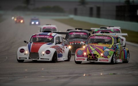 The racing Beetles are all the same spec with a 2.0-liter, 170-hp Volkswagen racing engine.