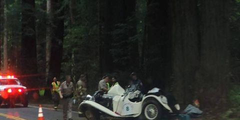 The crash involved a 1939 SS Jaguar 100, which veered off the road and struck a tree.