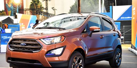 The 2018 Ford EcoSport gets either a 123-hp turbocharged I3 or a 166-hp I4. Both get a six-speed automatic.