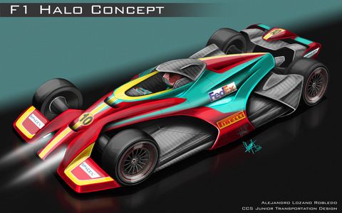 Student artist renderings of futuristic cars featuring innovations in driver head safety for Formula One and IndyCar.