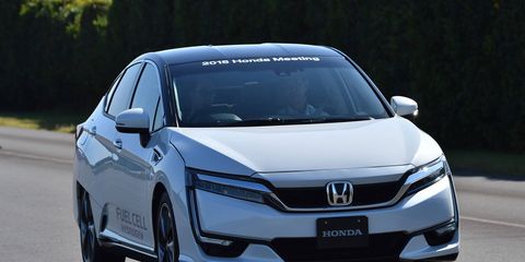 We briefly test the 2016 Honda Clarity hydrogen fuel cell sedan and a test mule (which looked suspiciously like a Honda Accord) for its platform-mate plug-in hybrid.