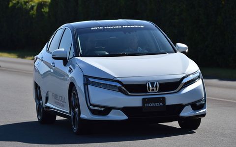 We briefly test the 2016 Honda Clarity hydrogen fuel cell sedan and a test mule (which looked suspiciously like a Honda Accord) for its platform-mate plug-in hybrid.