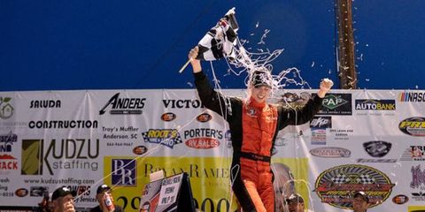 Kyle Benjamin celebrates his victory at Greenville Pickens Speedway on Saturday.