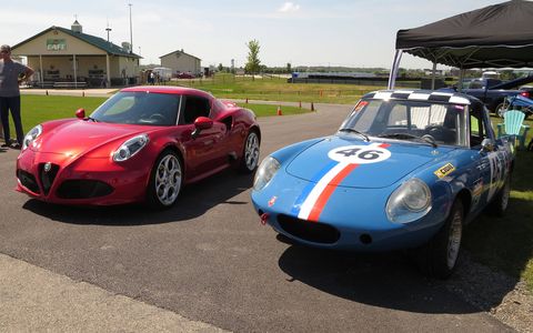 Here's the 4C with the only Alfa Romeo LeMons car at the race: the Mulsanne Straightjackets' Alfa Spider-based "Alfine Renault."