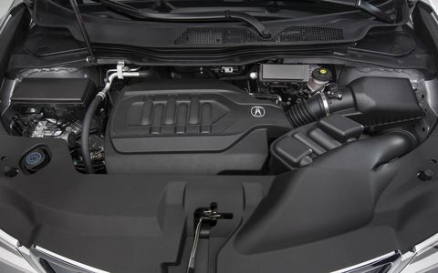 The 2015 Acura MDX is powered by a 3.5-liter, V6 engine that produces 290 horsepower and 267 lb-ft of torque, while also featuring variable cylinder management for enhanced fuel efficiency.