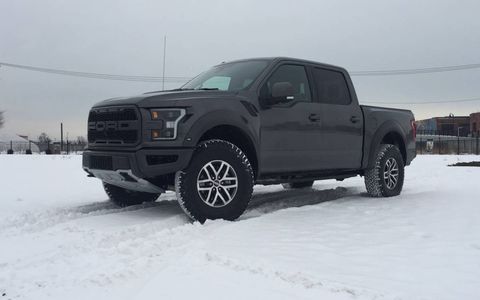 The Ford F-150 Raptor's 3.5-liter V6 makes 450 hp at 5,000 rpm and 510 lb-ft of torque at 3,500 rpm. A ten-speed automatic routes power to all four wheels, shod with BFGoodrich all-terrain tires.