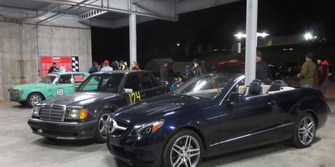 A proud moment for Mercedes-Benz race fans: the e400 with the Team Dickbutt E500 and the Idle Clatter Racing 300SD.