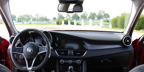 The Alfa Romeo Giulia Ti has a relatively simple interior layout with an 8.8-inch touchscreen sprawling across the dash.