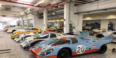 Porsche has something like 575 classic and historically significant cars. It can't show them all in the public museum in Stuttgart, so it stores them here, in a secret location not open to the public. We got in!