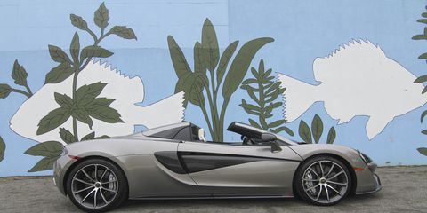 The 2018 McLaren 570S Spider weighs 101 pounds more than the coupe, sporting a 3.8-liter twin-turbocharged V8 laying down 562 hp @ 7,500 rpm and 443 lb-ft @ 5,000-6,500 rpm.
