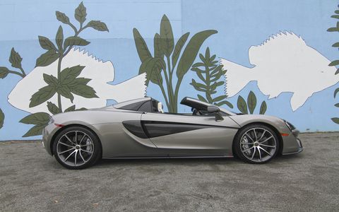 The 2018 McLaren 570S Spider weighs 101 pounds more than the coupe, sporting a 3.8-liter twin-turbocharged V8 laying down 562 hp @ 7,500 rpm and 443 lb-ft @ 5,000-6,500 rpm.
