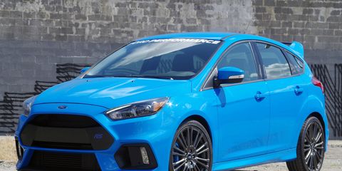 The 2016 Ford Focus RS sports various Ford Performance upgrades like a short-throw shifter, a cat-back exhaust and even more RS badging.
