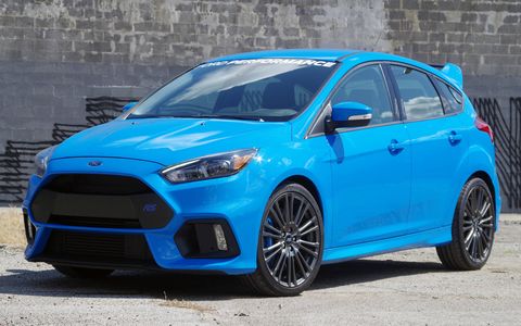 The 2016 Ford Focus RS sports various Ford Performance upgrades like a short-throw shifter, a cat-back exhaust and even more RS badging.