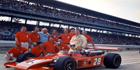 Driver Bob Harkey and his crew after Harkey qualified 31st for the 1973 Indianapolis 500. He finished 29th that year.